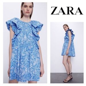 Zara Blue Floral Ruffle Dress Tunic Dress Sz XS